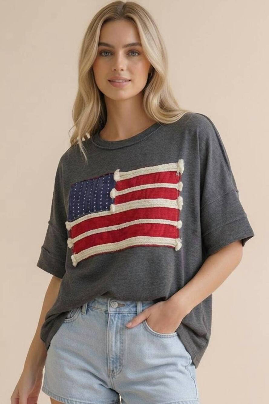 NEW HAPTICS embroidery braided stripe american flag top in charcoal